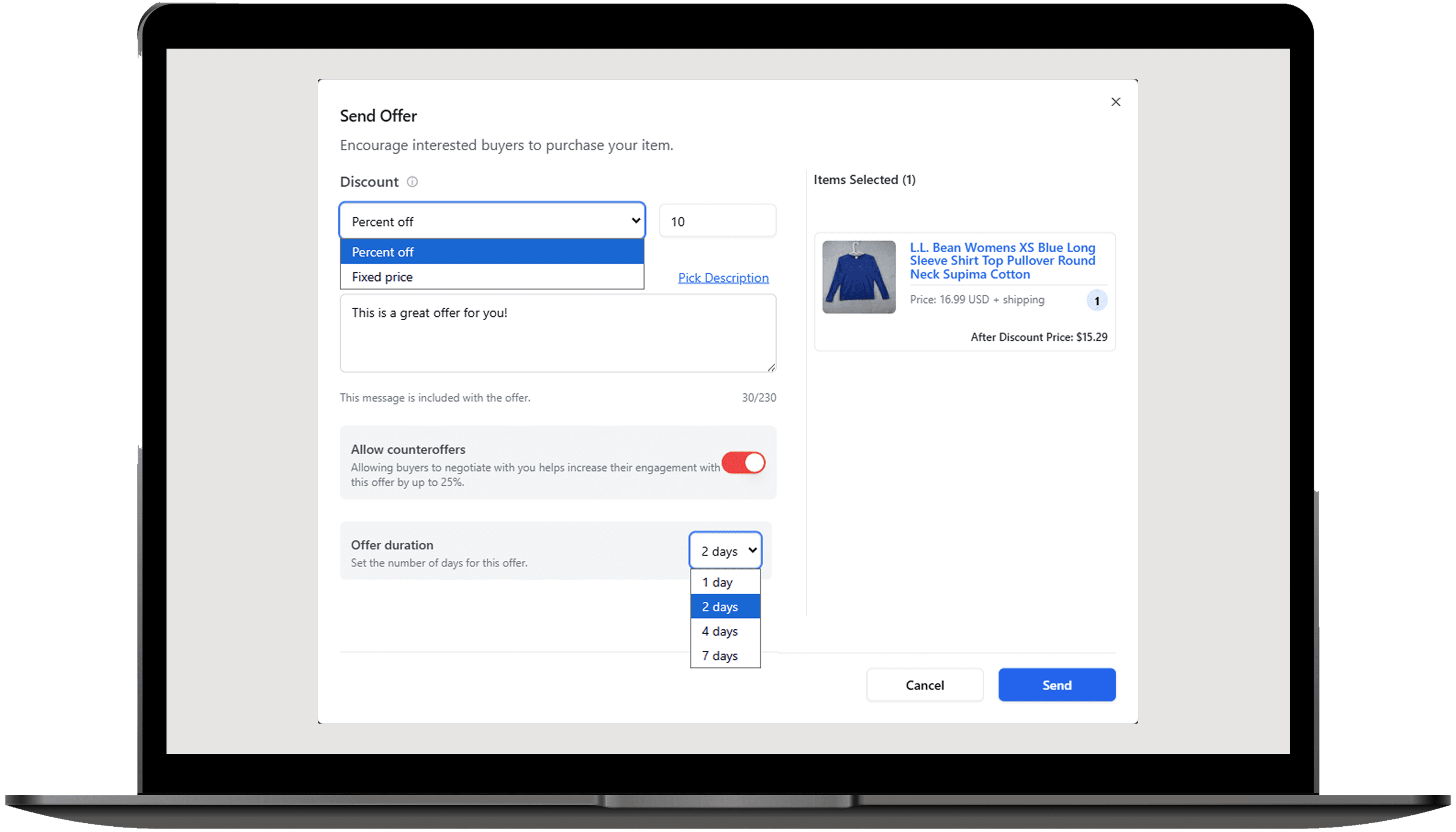 Configure discount type, amount and counteroffers