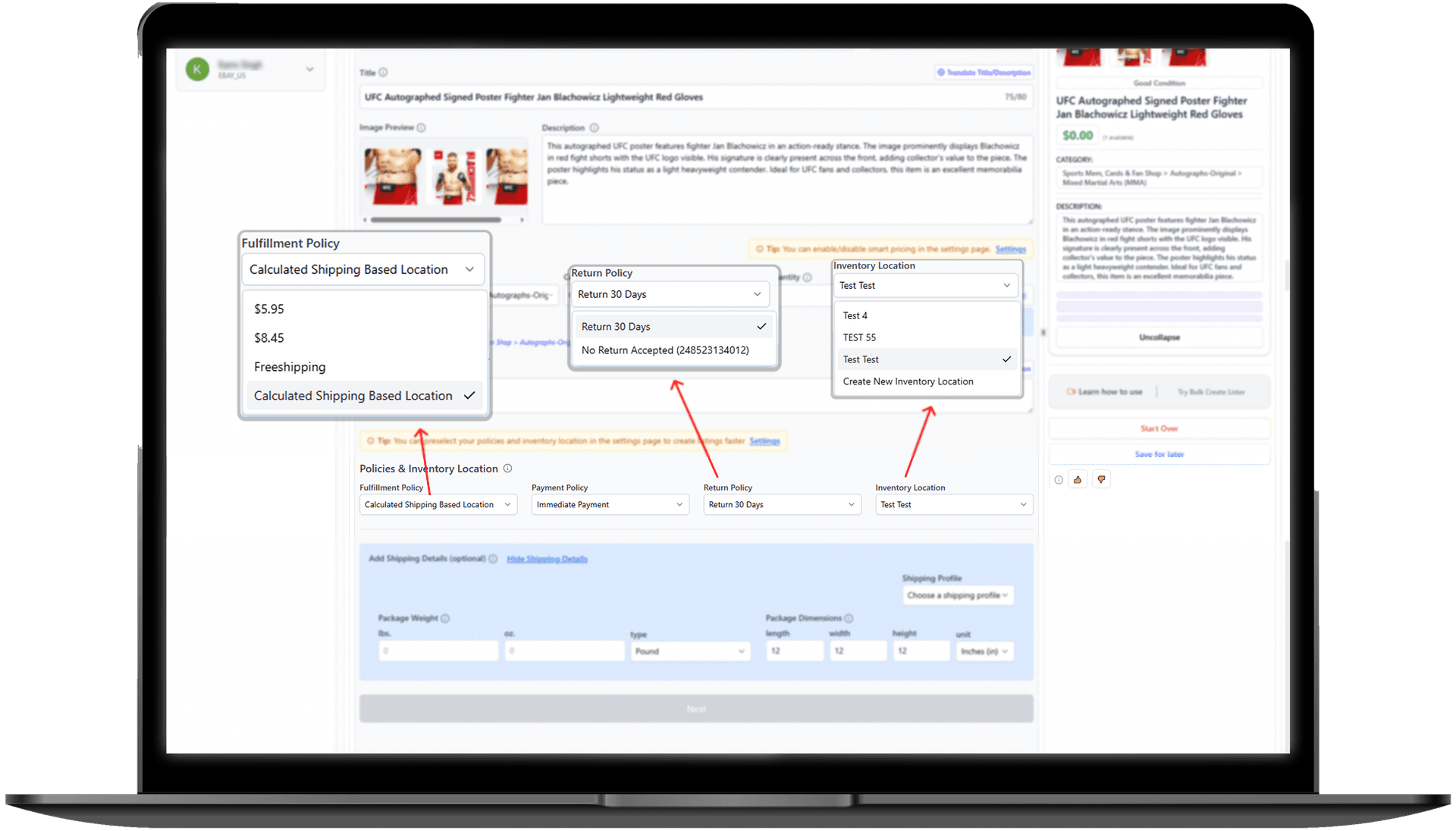 Saved eBay shipping profiles and business policy presets for faster listing creation
