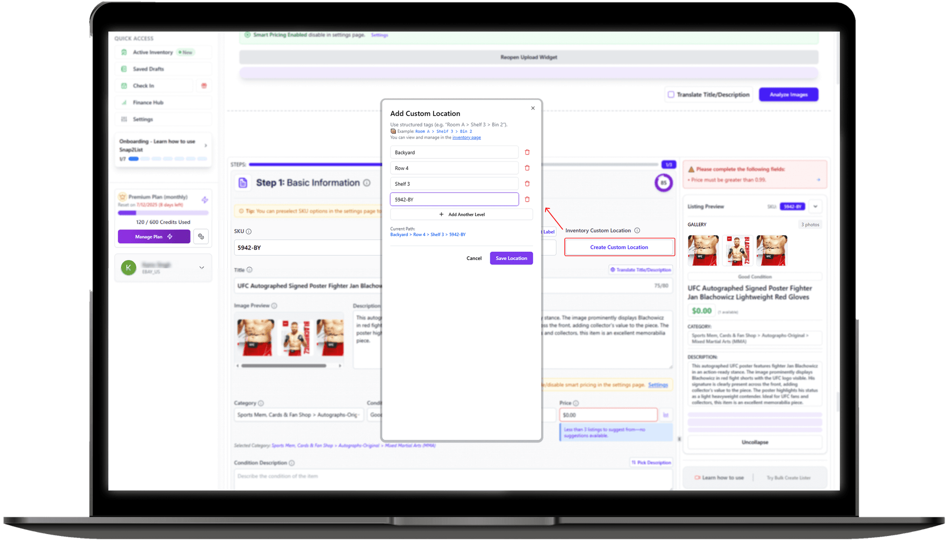 eBay inventory management with custom locations, SKU generation, and label printing
