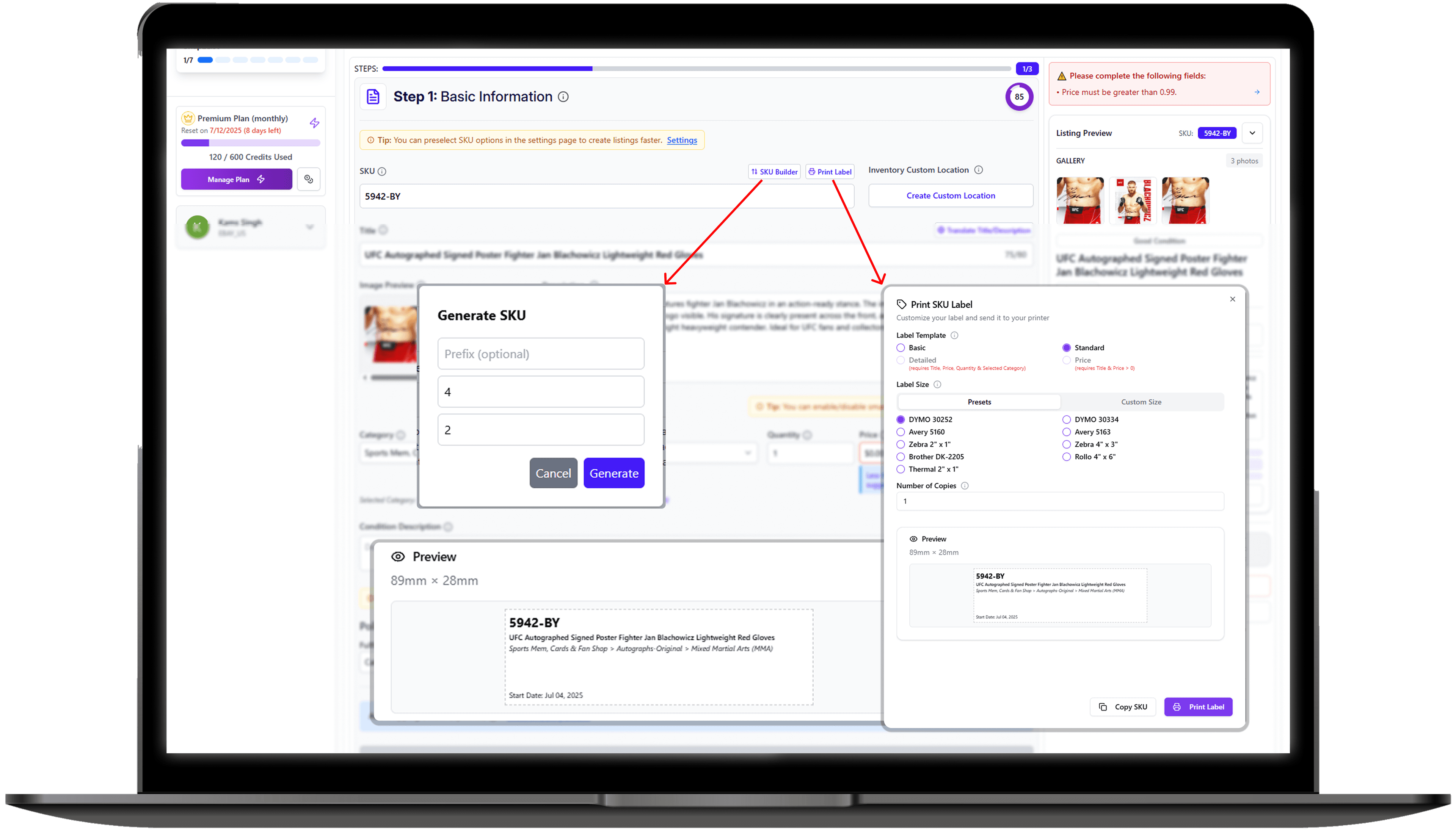 SKU generator and label printing