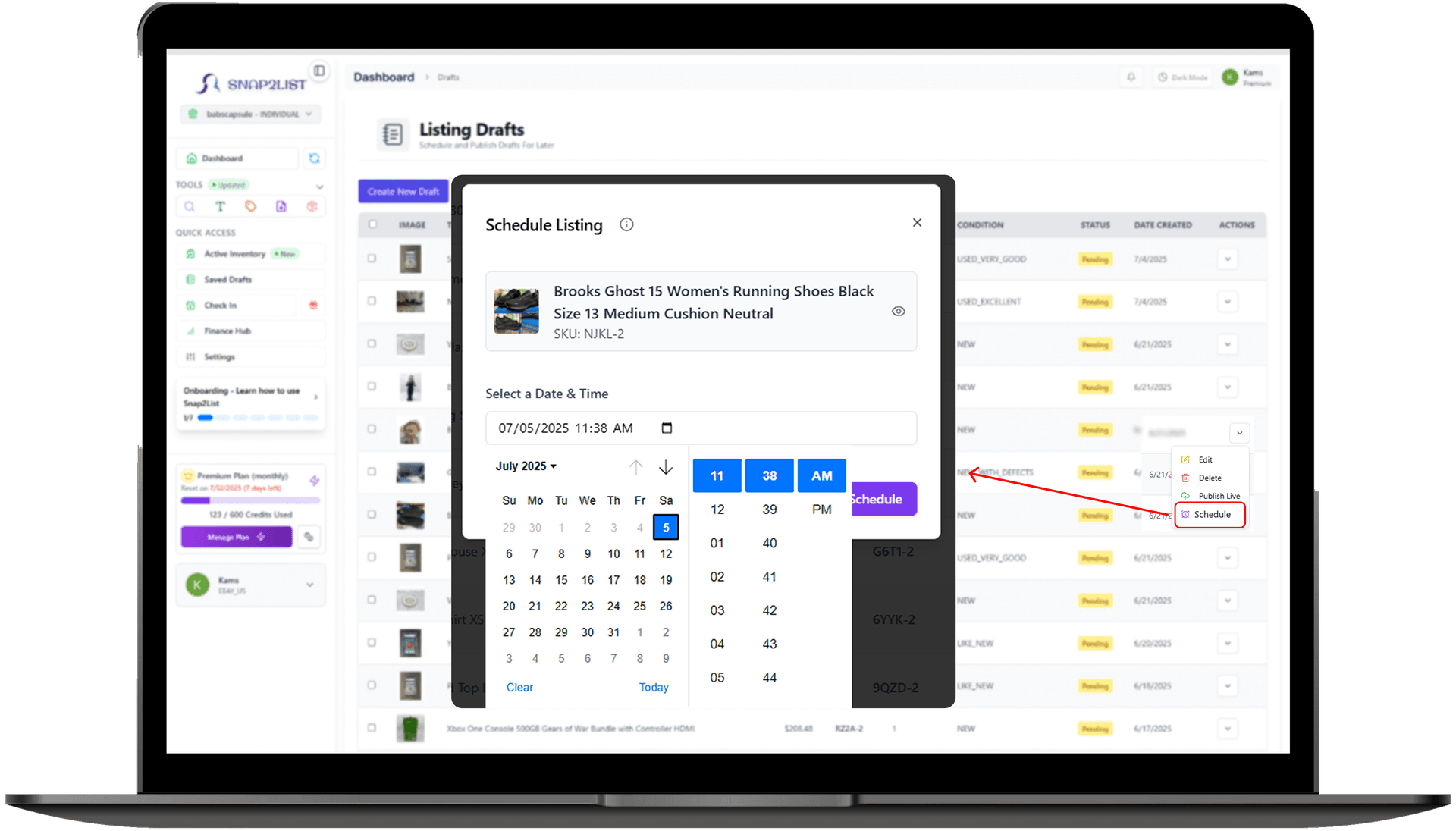 Set date and time to schedule draft listing