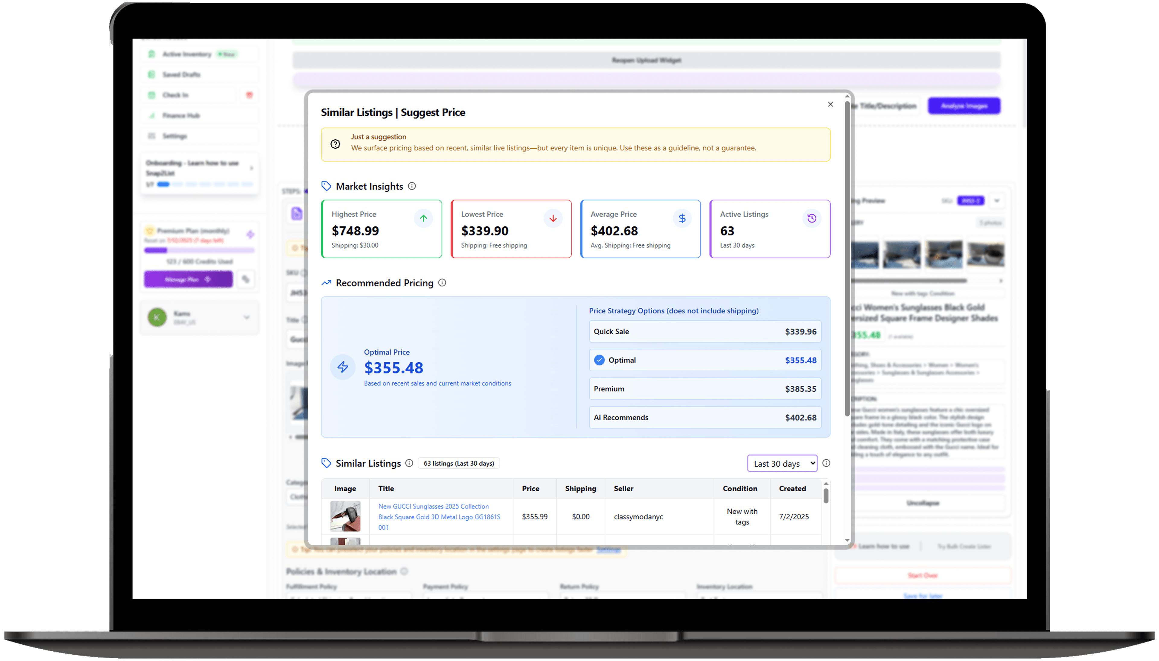 Pricing KPI modal with highest, lowest, average and active listing stats