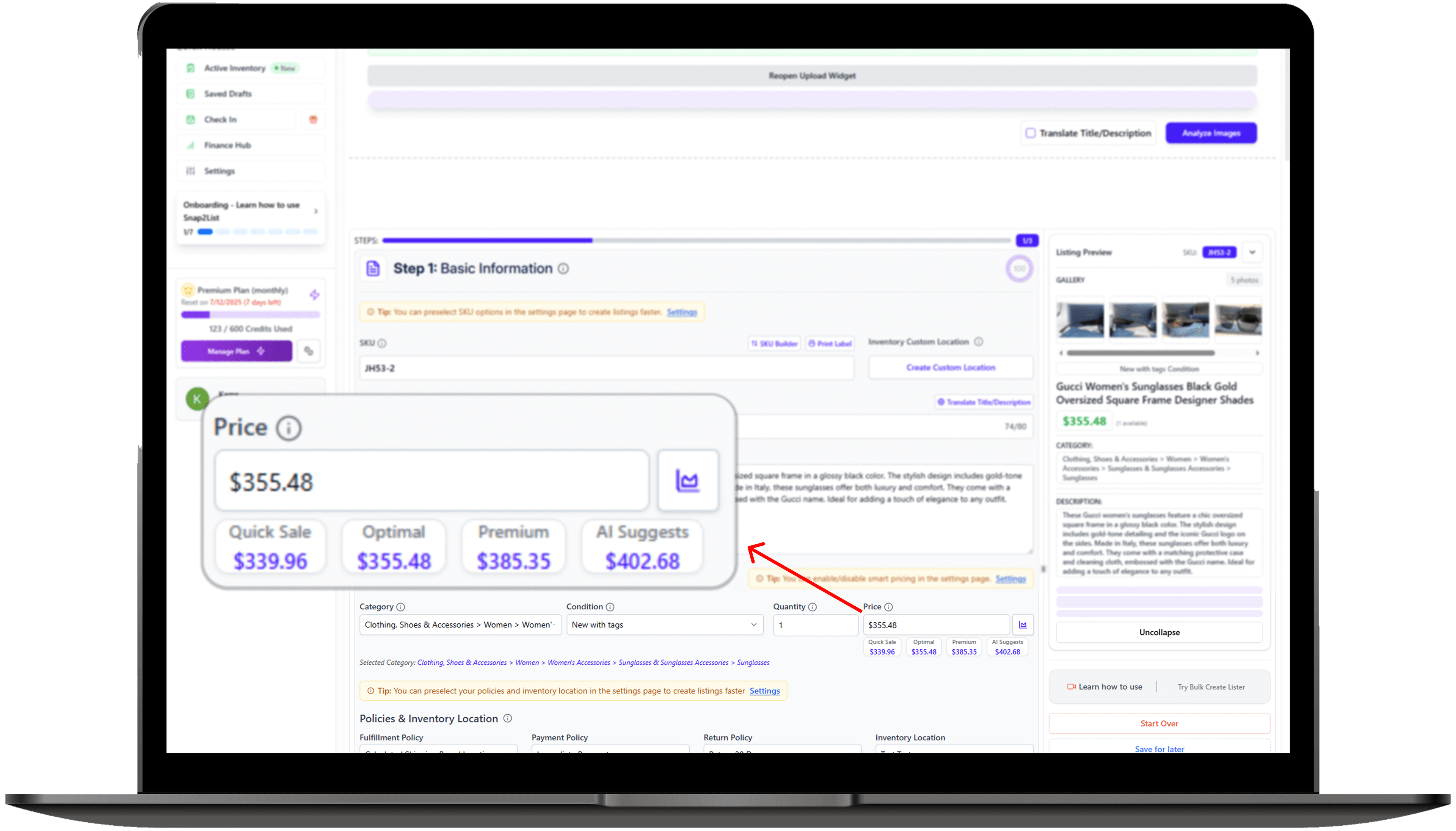 Quick Sale, Optimal, Premium and AI Suggests under price field