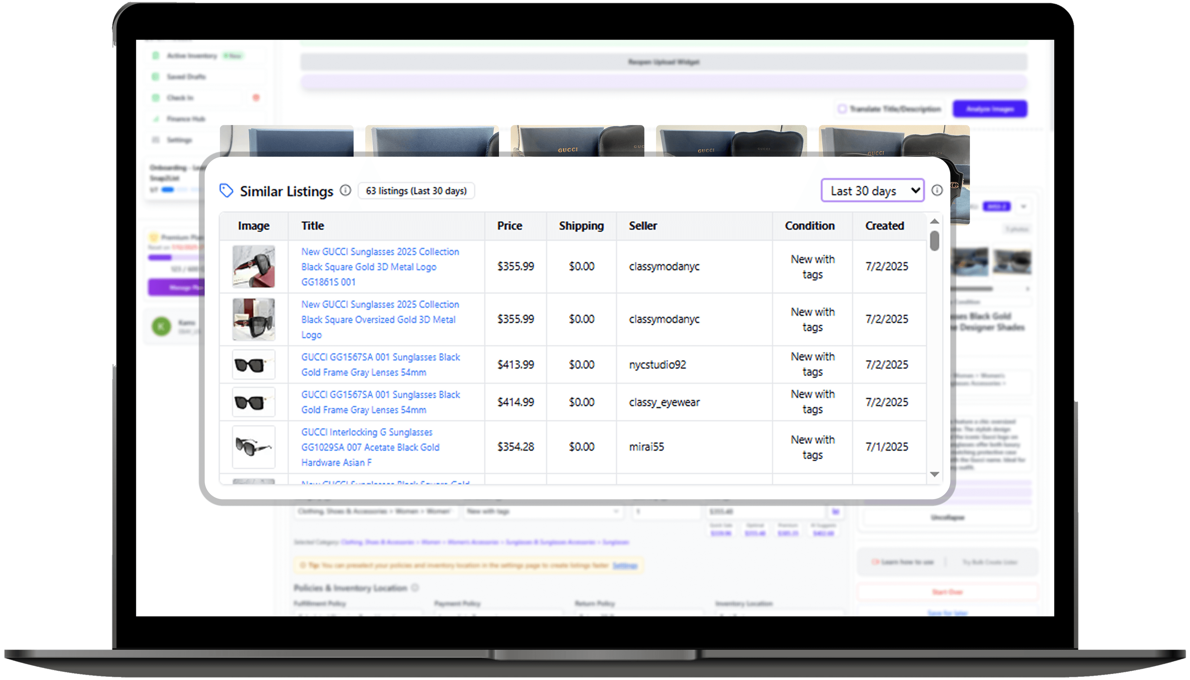 Table of similar eBay listings with prices and shipping