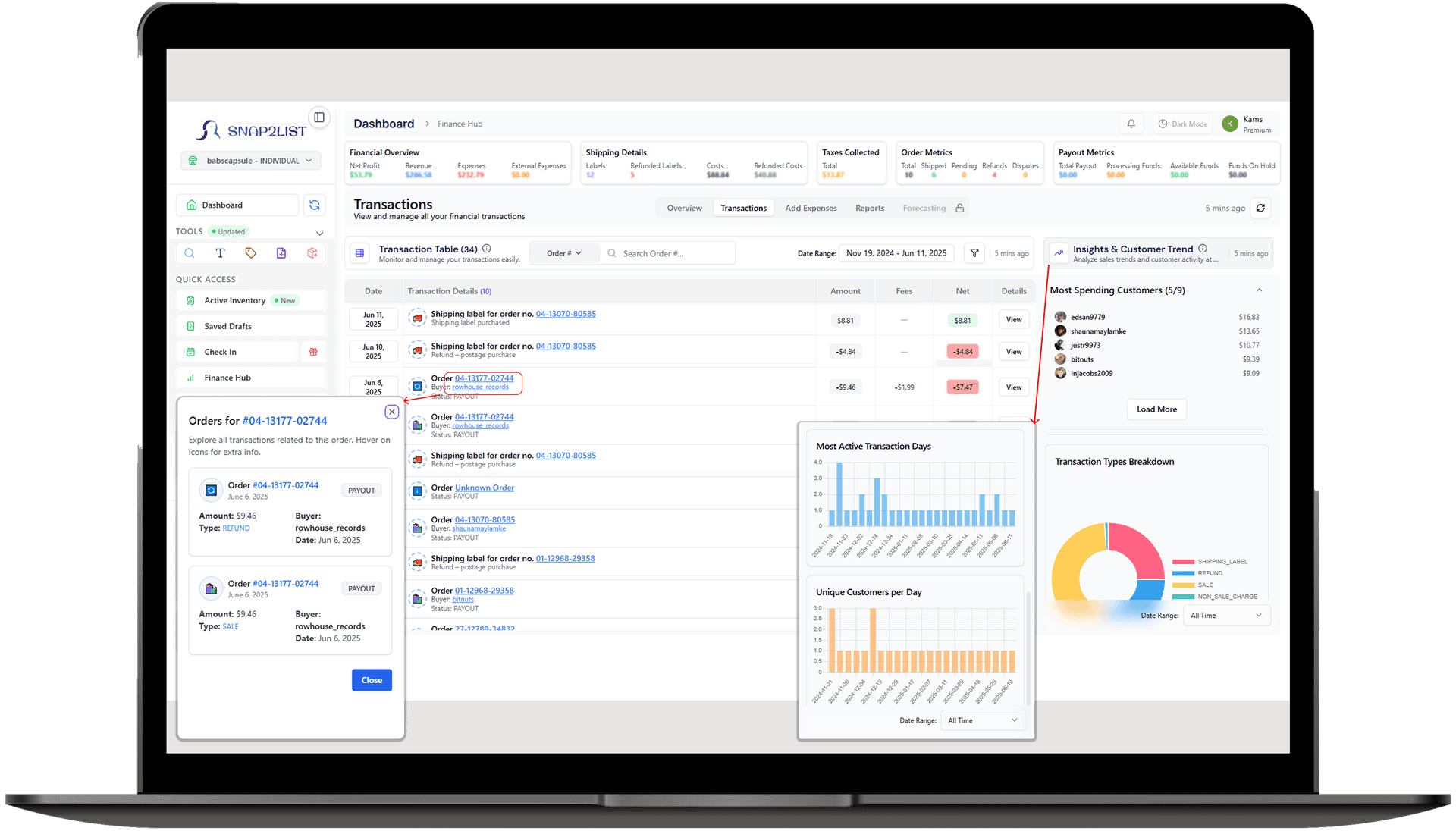 Advanced transaction management with intelligent filtering and buyer analytics