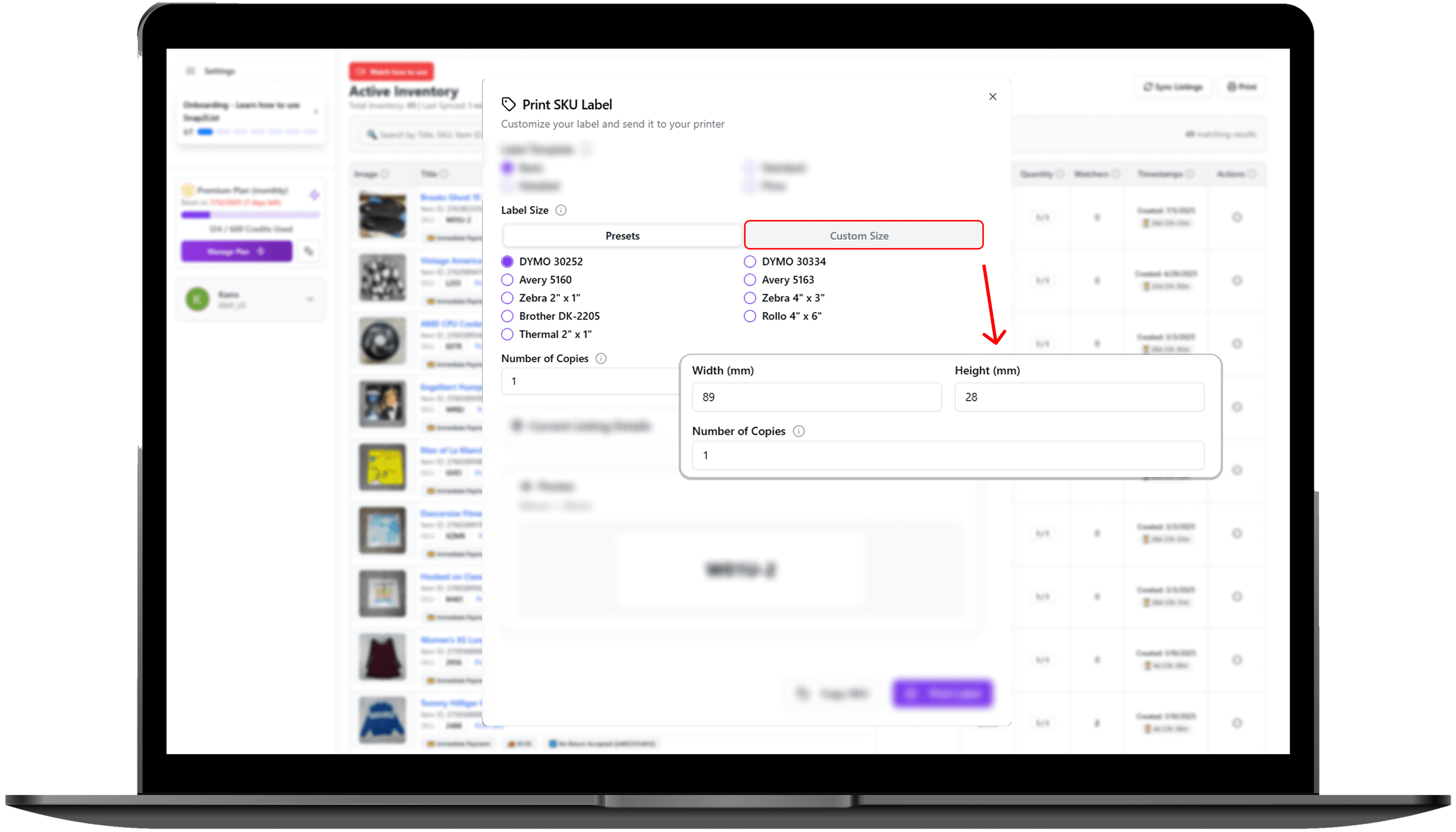 Entering custom label dimensions