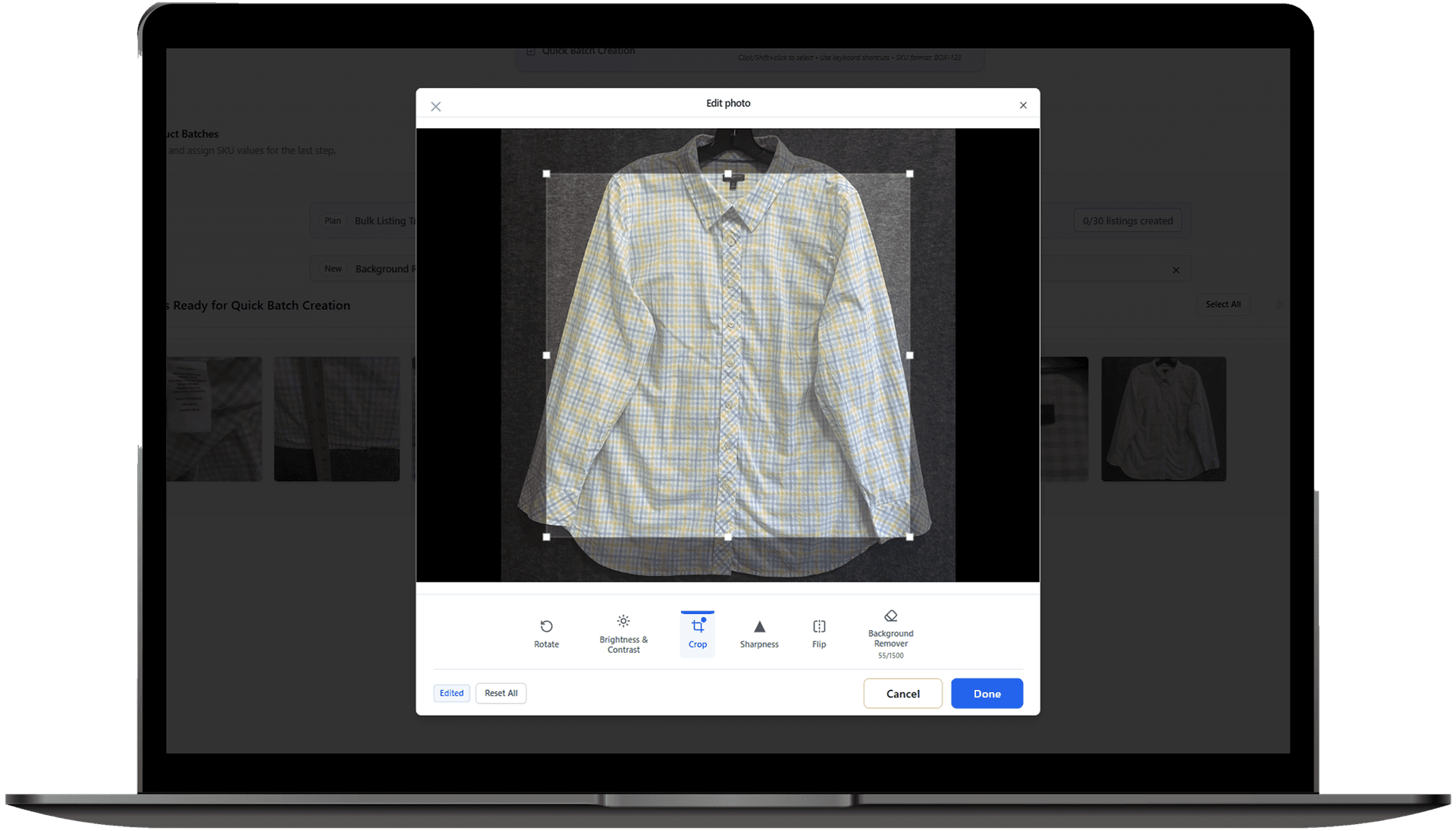 Complete eBay photo editing suite with rotate, crop, brightness, contrast, sharpness tools