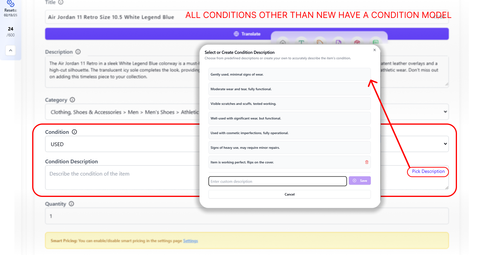 Suggested Condition & Save/Pick Descriptions Model