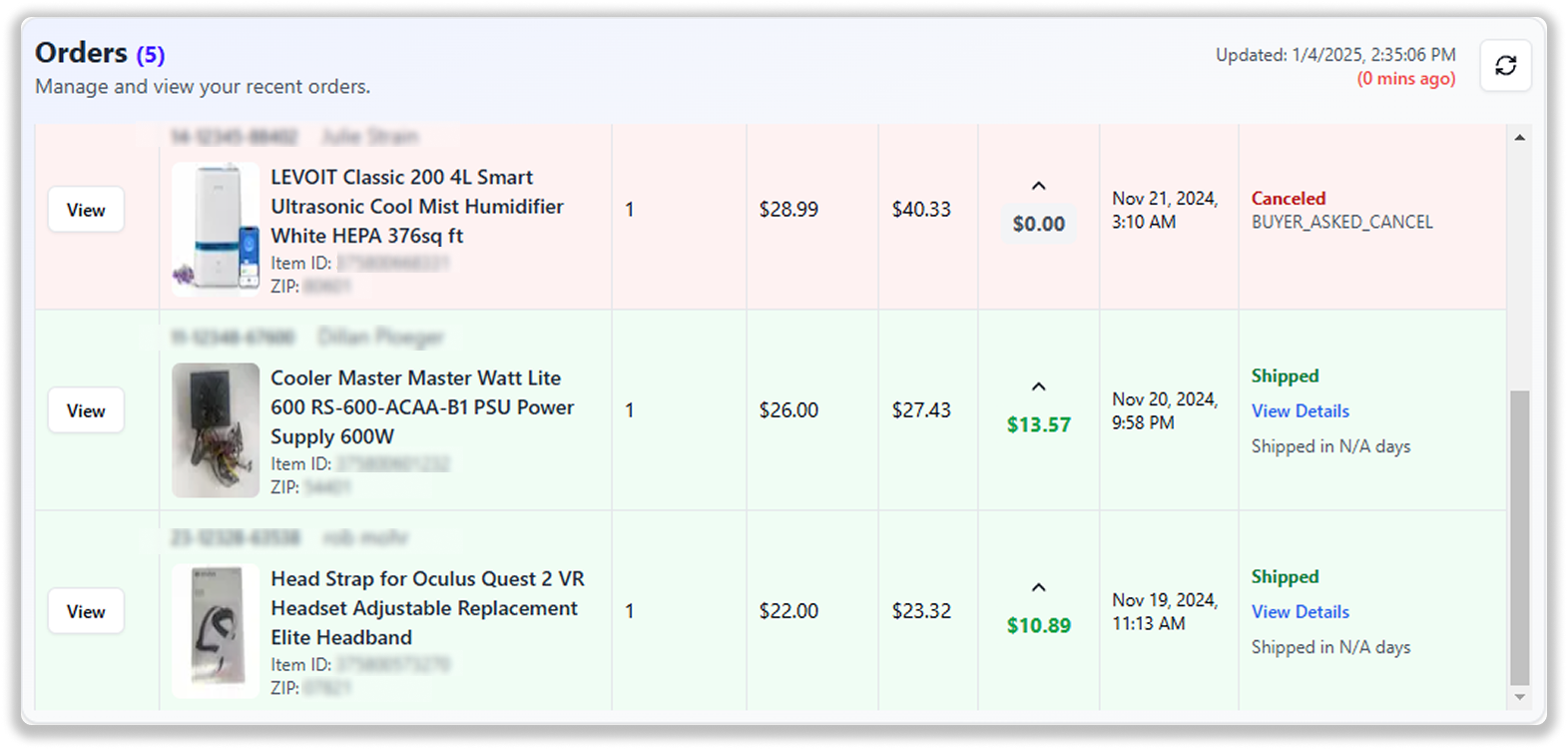 Snap2List Order Status & Details Modal